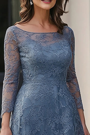 Dentelle Bleu Poussiéreux Trapèze Robe Midi Mère de la Mariée